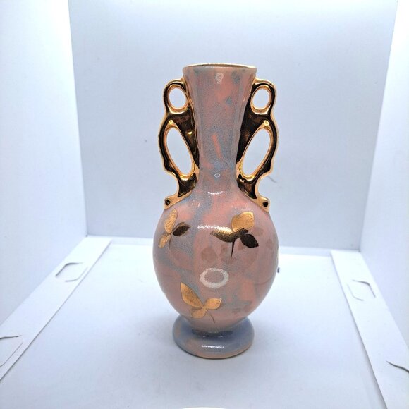 Pink Lustre Ware gilt vase 6" gold tone side handles - Picture 1 of 5